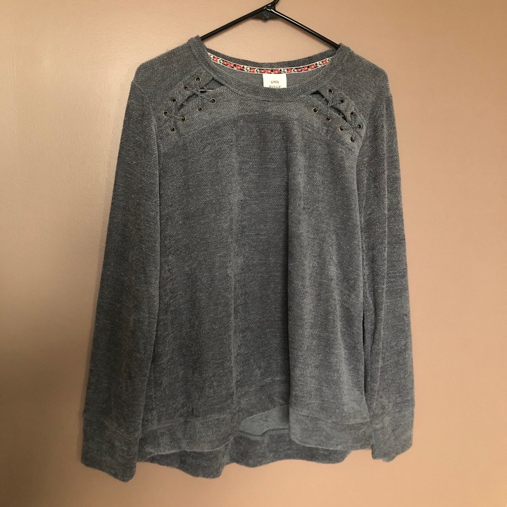 Plush Soft Grey Lace Up Knit Sweater